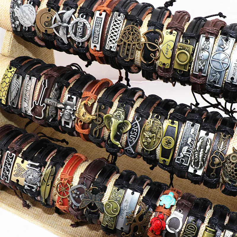 10Pcs/lot Vintage Leather Adjustable Bracelets Bangle For Women Men Mix Style Adjustable Fashion Jewelry Party Gifts - Giftcare 