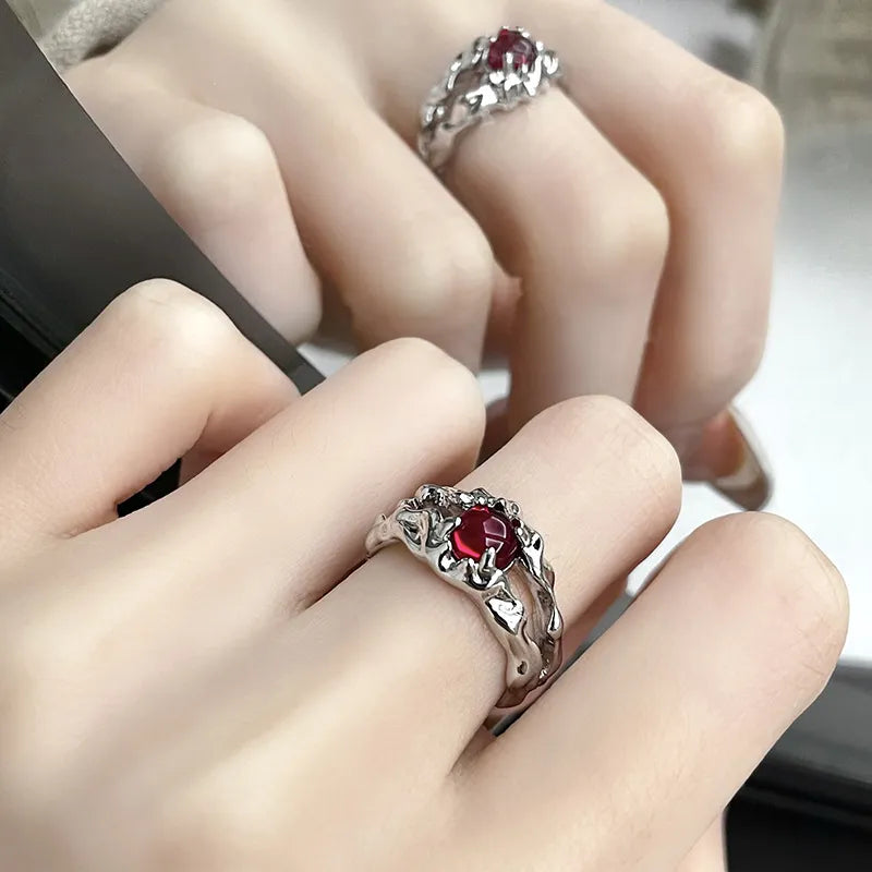 Irregular Gemstone Ring Aesthetic Girl Hollow Red Stone Ring Women's Liquid Hollow Ring Vintage Jewelry Accessories.Free shipping