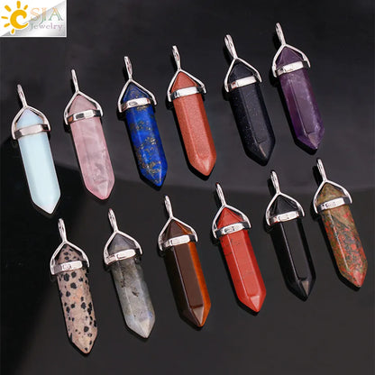 CSJA Crystal Necklaces Natural Gem Stone Quartz Necklace Pendant Chakra Hexagonal Bullet Amethysts Pink Quartz Lapis Lazuli G957 - Giftcare 