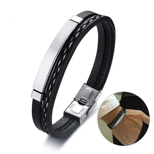 Delysia King 2021 Trendy Men Leatherwear Weave Bracelet Leisure Color Contrast Stainless Steel Bangle - Giftcare 