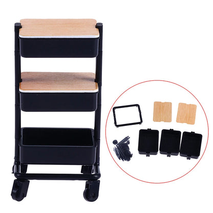 1Set 1:12  Dollhouse Miniature Trolley Dining Cart with Wheels Storage Display Shelf Bookshelf Furniture Model Decor Toy