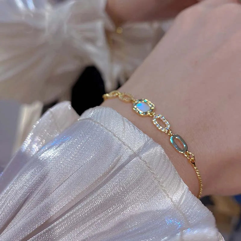 2025 New Luxury Zircon Chain Bracelets for Women Elegant Gold Color Square Opal Adjustable Bracelet Party Jewelry Gifts