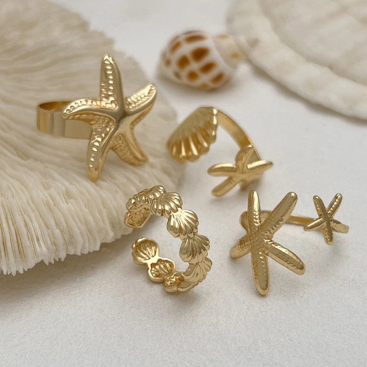 LATS 4Pcs/Set Starfish Scallop Adjustable Open Rings for Women Summer Trendy Geometric Gold Color Beach Jewelry Accessory