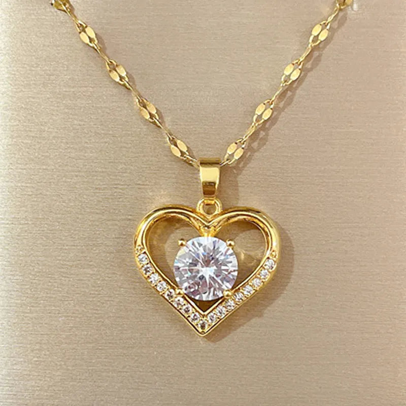Artificial gems heart Pendant Necklaces for women Golden not fade color Titanium Stainless steel Neck Chain Girl female Jewelry - Giftcare 