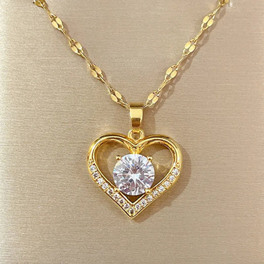 Artificial gems heart Pendant Necklaces for women Golden not fade color Titanium Stainless steel Neck Chain Girl female Jewelry - Giftcare 