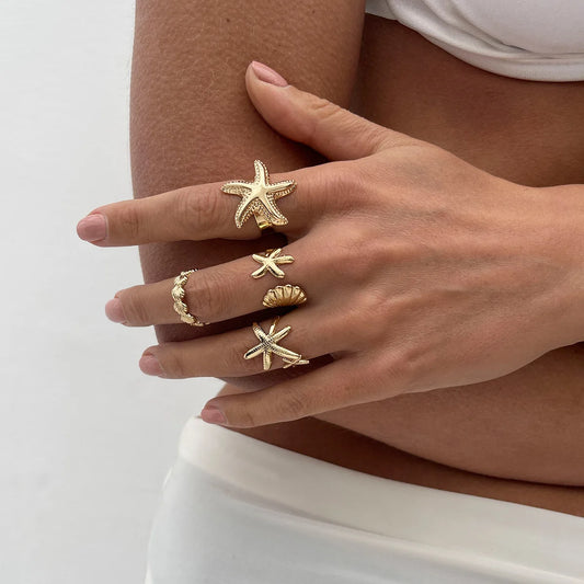 LATS 4Pcs/Set Starfish Scallop Adjustable Open Rings for Women Summer Trendy Geometric Gold Color Beach Jewelry Accessory