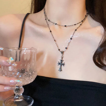 Summer Black Rhinestone Cross Jesus Pendant Choker Necklace for Women Punk Vintage Double Layers Chain 2024 Neck Boho Jewelry