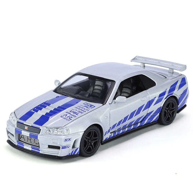1:32 Nissan Skyline GTR R34 JDM Racing Car Toy Model Diecast Metal GT-R Spoon Sport Miniature Collection Sound Light Pull Back