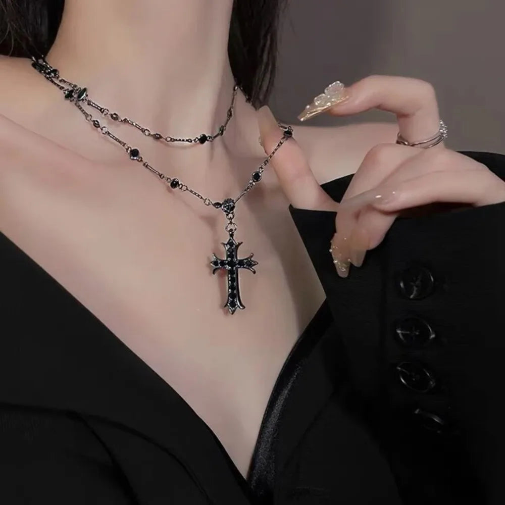 Gothic Black Rhinestone Cross Pendant Choker Necklace for Women Punk Vintage Double Layer Chain Neck Jewelry