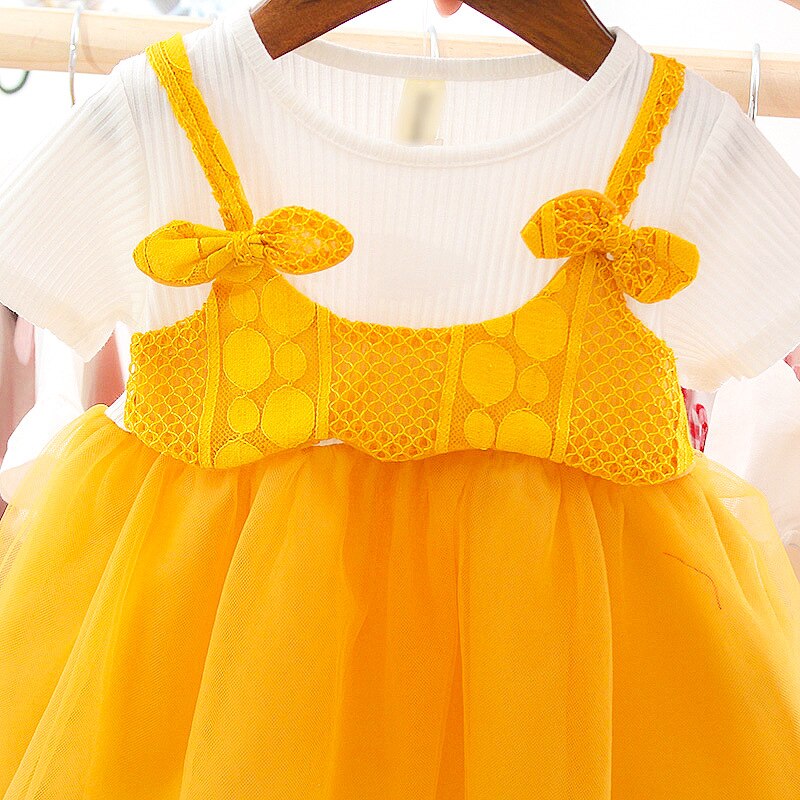 IENENS Baby Dress Girls Clothes Toddler Infant Cotton Mini Dresses Kids Short Sleeve Bow Lace Clothing 0- 2 Years Wear - Giftcare 