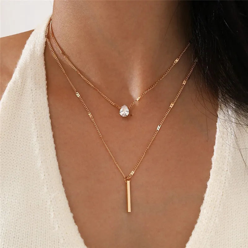 Crystal Zircon Heart Star Charm Layered Pendant Necklace Set for Women Charms Fashion Square Rhinestone Female Vintage Jewelry - Giftcare 