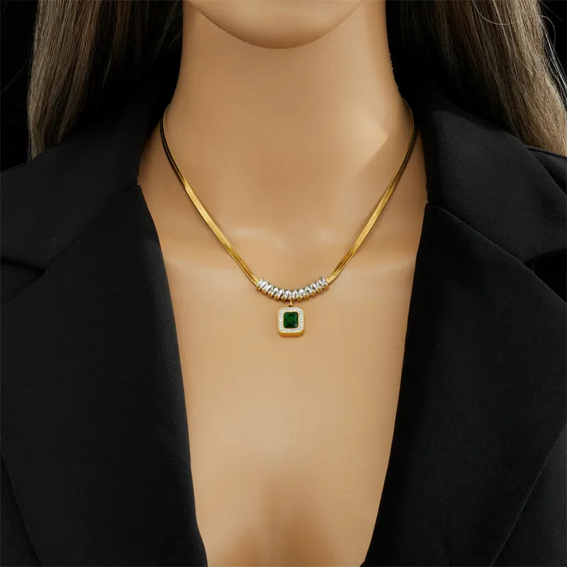 DIEYURO 316L Stainless Steel Luxury Non-fading Square Green Crystal Zircon Pendant Necklace Earrings Jewelry Set For Women Gifts - Giftcare 