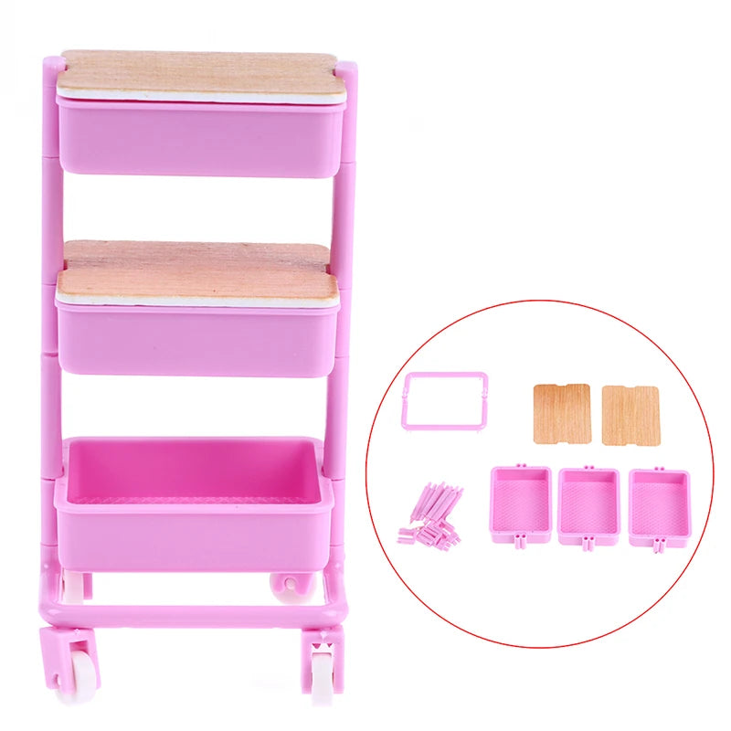 1Set 1:12  Dollhouse Miniature Trolley Dining Cart with Wheels Storage Display Shelf Bookshelf Furniture Model Decor Toy