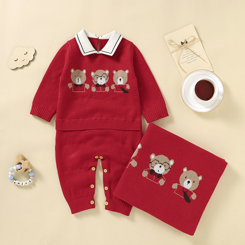 Newborn Baby Clothing Set 100%Cotton Knit Infant Girl Boy Romper +Blanket Cute Bears Toddler Long Sleeve Jumpsuit +Bedding Quilt - Giftcare 