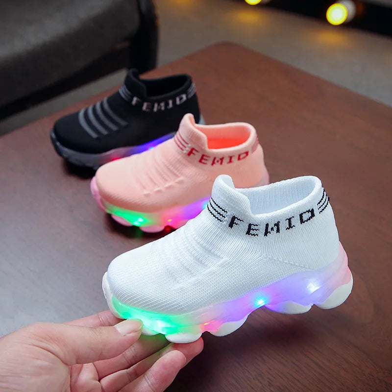 Kids Sneakers Children Baby Girls Boys Letter Mesh Led Luminous Socks Sport Run Sneakers Shoes Sapato Infantil Light Up Shoes - Giftcare 