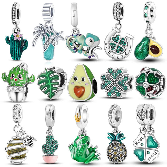 Silver Plated Charms For Woman Summer Green Cactus Avocado Beads Fit Original Bracelet Necklace DIY Dangle Charms