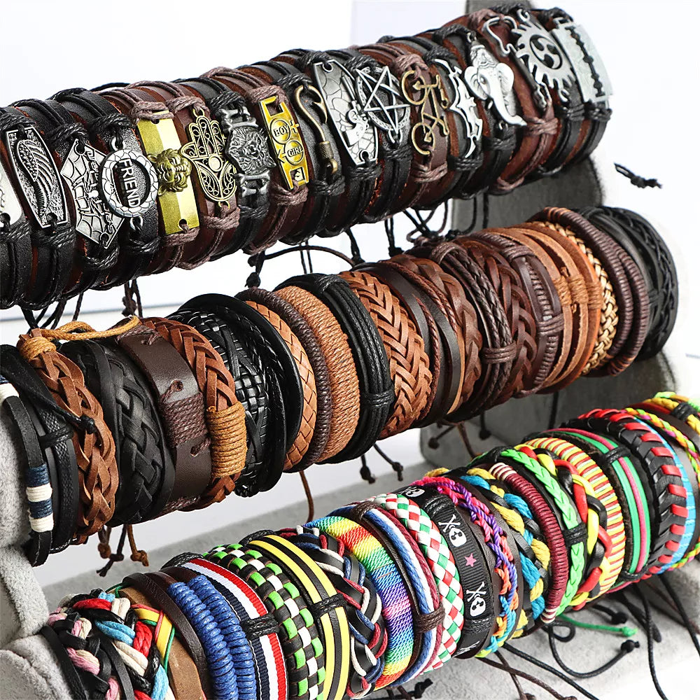 10Pcs/lot Vintage Leather Adjustable Bracelets Bangle For Women Men Mix Style Adjustable Fashion Jewelry Party Gifts - Giftcare 