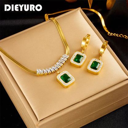 DIEYURO 316L Stainless Steel Luxury Non-fading Square Green Crystal Zircon Pendant Necklace Earrings Jewelry Set For Women Gifts - Giftcare 
