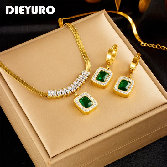 DIEYURO 316L Stainless Steel Luxury Non-fading Square Green Crystal Zircon Pendant Necklace Earrings Jewelry Set For Women Gifts - Giftcare 