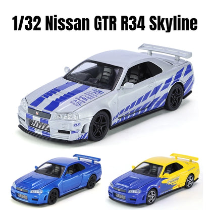 1:32 Nissan Skyline GTR R34 JDM Racing Car Toy Model Diecast Metal GT-R Spoon Sport Miniature Collection Sound Light Pull Back