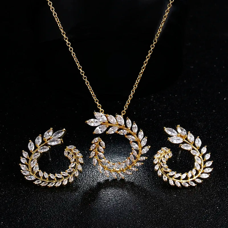 Two Size New Design Luxury AAA Zircon Olive Branch Earrings and Pendant Jewelry Sets For Fashion Women Wedding Jewelry Set AS128 - Giftcare 
