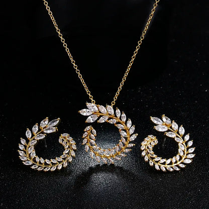 Two Size New Design Luxury AAA Zircon Olive Branch Earrings and Pendant Jewelry Sets For Fashion Women Wedding Jewelry Set AS128 - Giftcare 