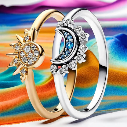 Sterling Silver Ring Set Gloden Celestial Sun Blue Moon Rings Sparkling For Women Classic Engagement Party Wedding Jewelry.Free shipping