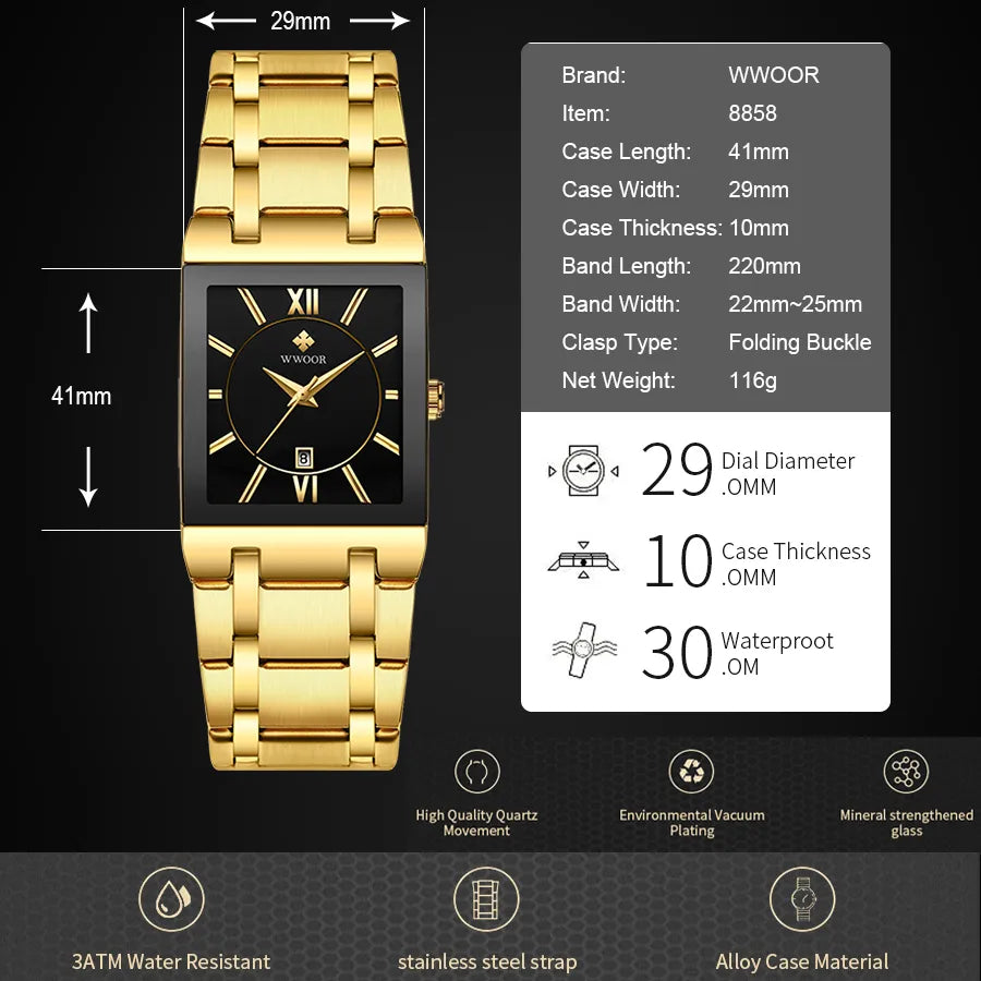 Relogio Masculino WWOOR Gold Watch Men Square Mens Watches Top Brand Luxury Golden Quartz Stainless Steel Waterproof Wrist Watch - Giftcare 
