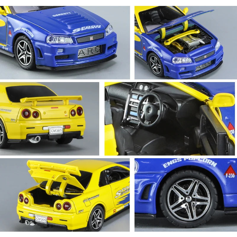 1:32 Nissan Skyline GTR R34 JDM Racing Car Toy Model Diecast Metal GT-R Spoon Sport Miniature Collection Sound Light Pull Back