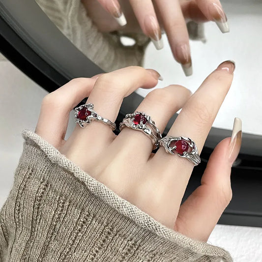 Irregular Gemstone Ring Aesthetic Girl Hollow Red Stone Ring Women's Liquid Hollow Ring Vintage Jewelry Accessories.Free shipping