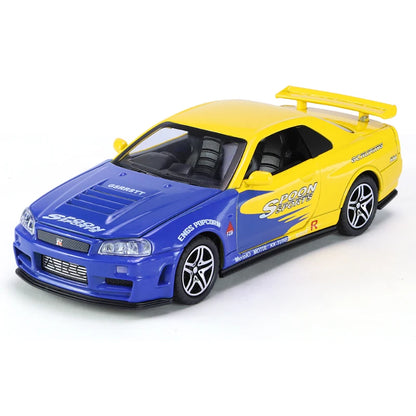 1:32 Nissan Skyline GTR R34 JDM Racing Car Toy Model Diecast Metal GT-R Spoon Sport Miniature Collection Sound Light Pull Back