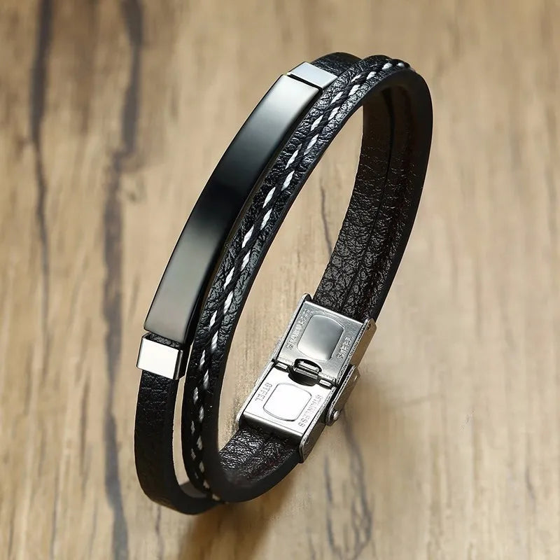 Delysia King 2021 Trendy Men Leatherwear Weave Bracelet Leisure Color Contrast Stainless Steel Bangle - Giftcare 