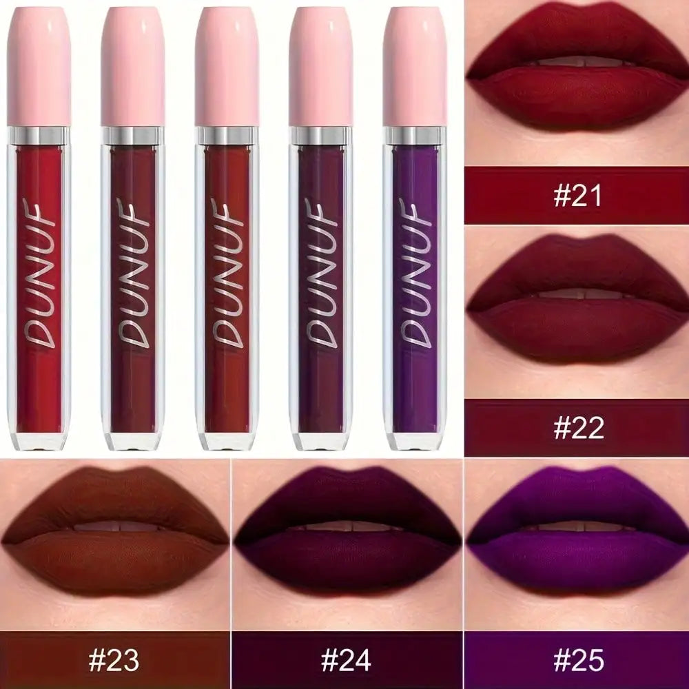 5pcs Lip Gloss, Lipstick Set, Waterproof Matte Non-sticky Non-transfer Long-Lasting, Purple Deep Red Nude, Y2K Makeup Christmas