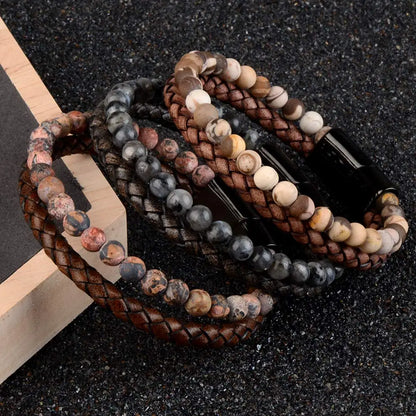 Natural Stone Bracelets Genuine Leather Braided Bracelets Black Stainless Steel Magnetic Clasp Tiger eye Bead Bangle Men Jewelry.Free Shipping