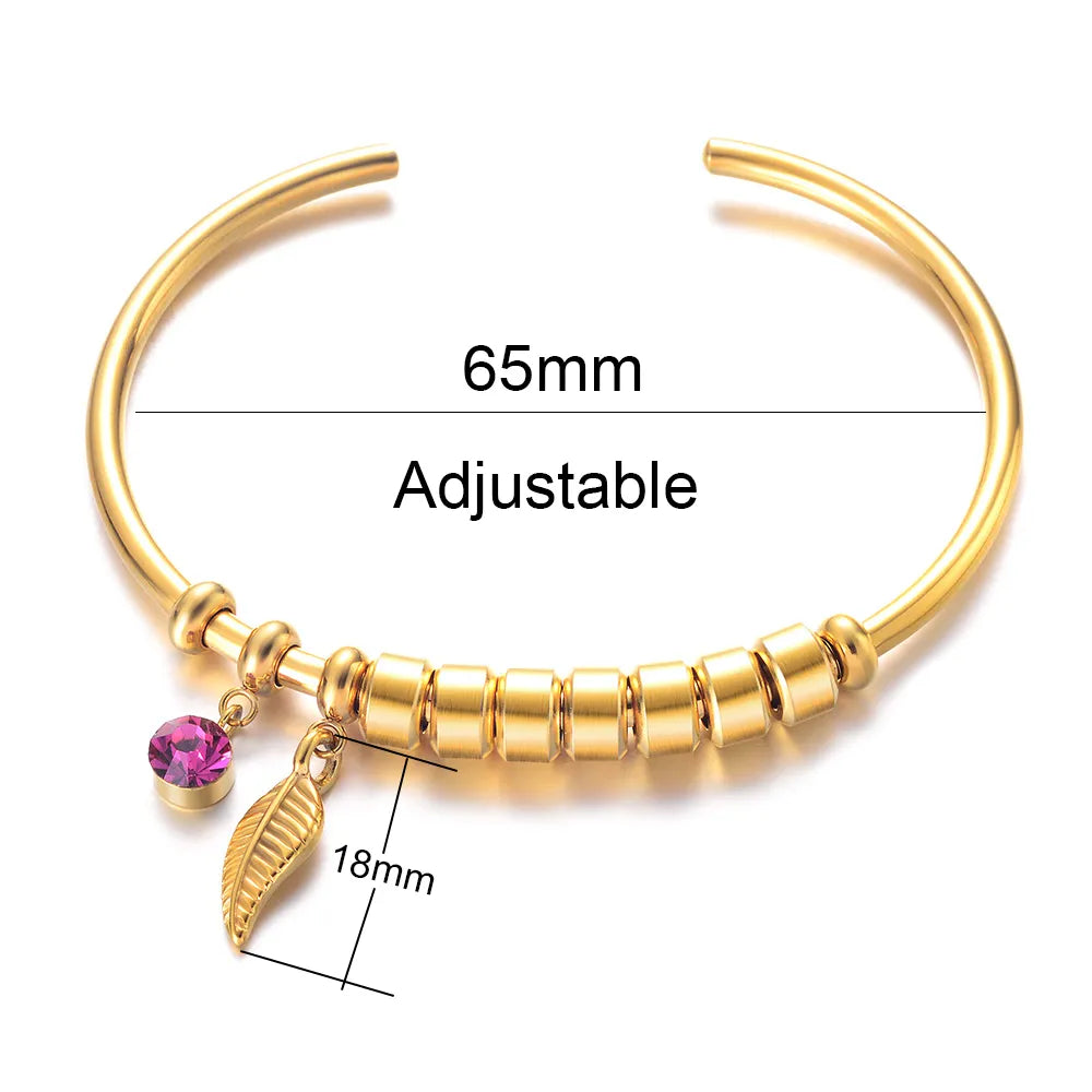 Customized Names Bracelet for Women with 12 Colors Birthstone Bohemia Leaf Bangles Personalized Stainless Steel Open Cuff Gifts - Giftcare 