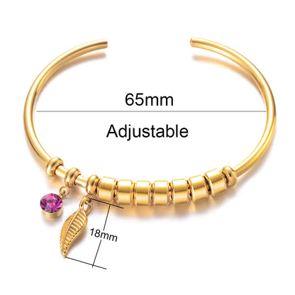 Customized Names Bracelet for Women with 12 Colors Birthstone Bohemia Leaf Bangles Personalized Stainless Steel Open Cuff Gifts - Giftcare 