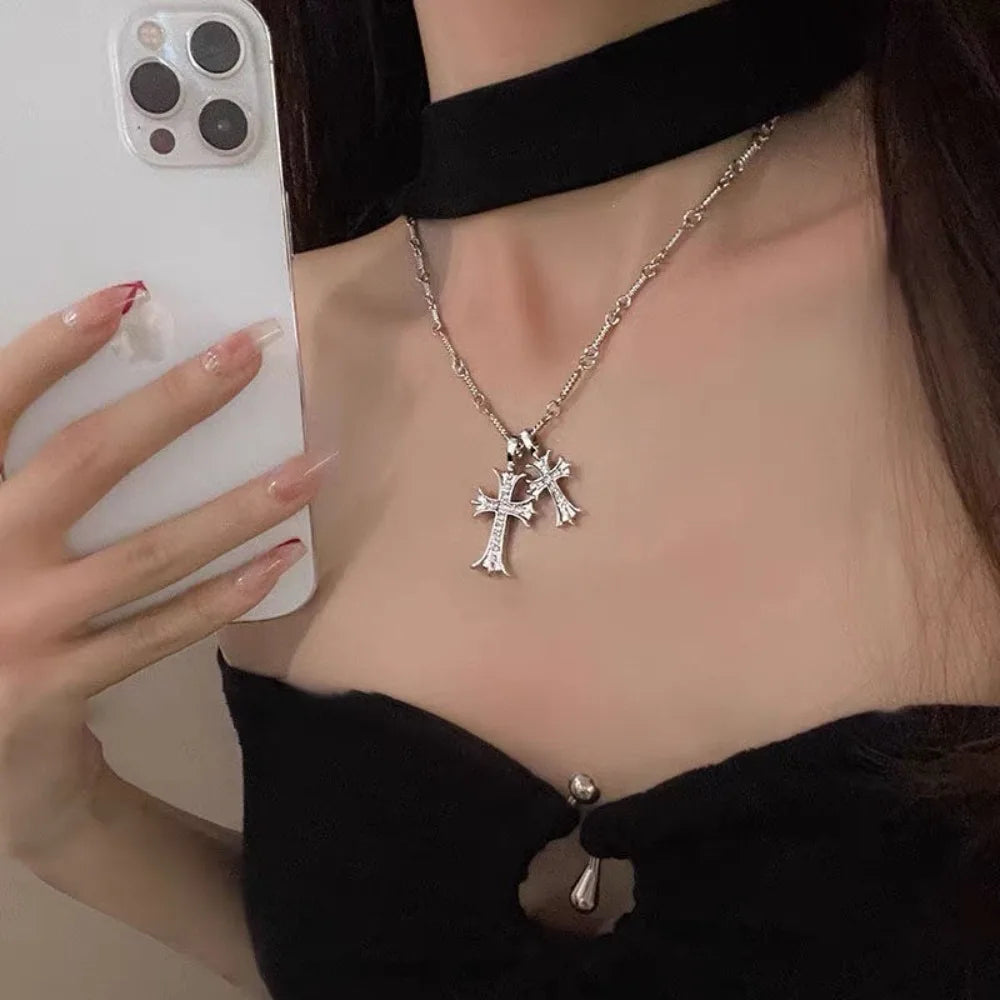 Gothic Black Rhinestone Cross Pendant Choker Necklace for Women Punk Vintage Double Layer Chain Neck Jewelry