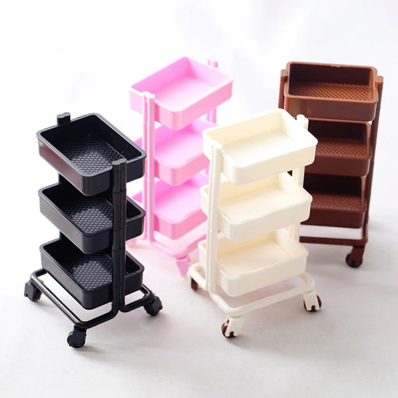 1Set 1:12  Dollhouse Miniature Trolley Dining Cart with Wheels Storage Display Shelf Bookshelf Furniture Model Decor Toy