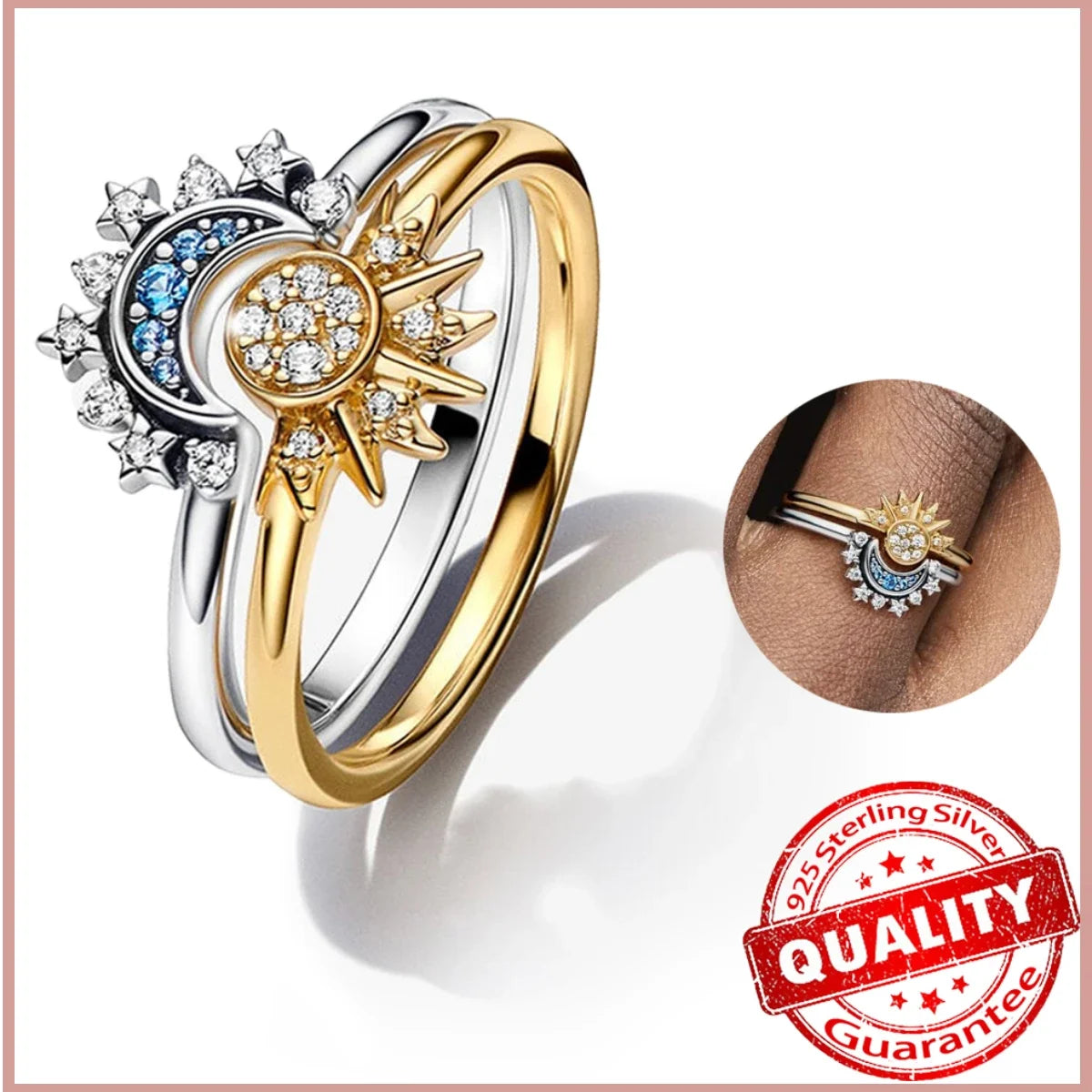 Sterling Silver Ring Set Gloden Celestial Sun Blue Moon Rings Sparkling For Women Classic Engagement Party Wedding Jewelry.Free shipping