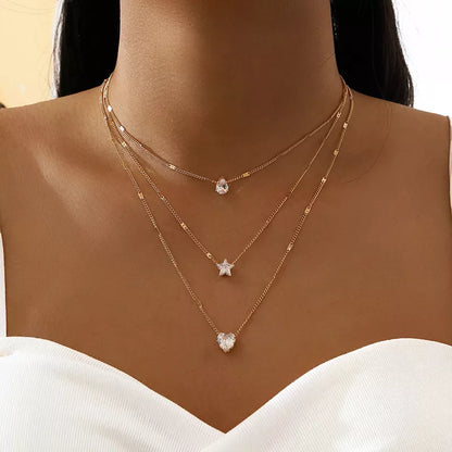 Crystal Zircon Heart Star Charm Layered Pendant Necklace Set for Women Charms Fashion Square Rhinestone Female Vintage Jewelry - Giftcare 