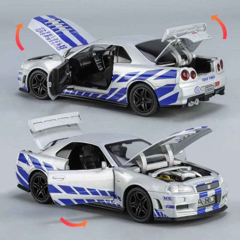 1:32 Nissan Skyline GTR R34 JDM Racing Car Toy Model Diecast Metal GT-R Spoon Sport Miniature Collection Sound Light Pull Back