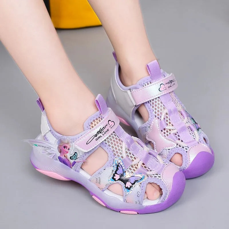Disney Girls' Sandals Lights Summer Style Children's Anti-skid Soft Soles Elsa Princess Carton Shoes Pink Purple Size 23-36 - Giftcare 