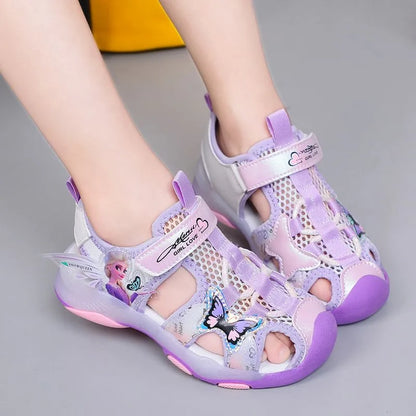 Disney Girls' Sandals Lights Summer Style Children's Anti-skid Soft Soles Elsa Princess Carton Shoes Pink Purple Size 23-36 - Giftcare 