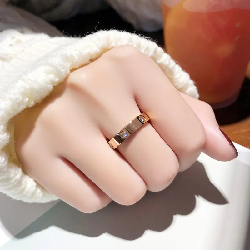Trendy Stainless Steel Rose Gold Color Love Ring for Women Men Couple Shiny Zircon Rings Jewelry Wedding Gift.Free shipping