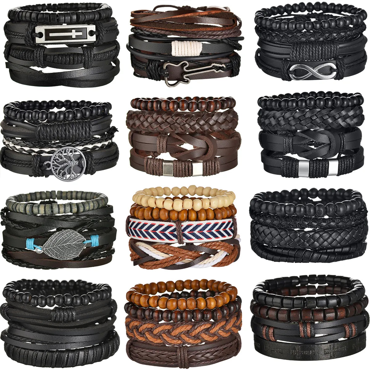 MeMolissa 3/4Pcs/ Set Braided Wrap Leather Bracelet for Men Vintage Life Tree Guitar Wood Beads Fashion Male Bracelets Wristband - Giftcare 