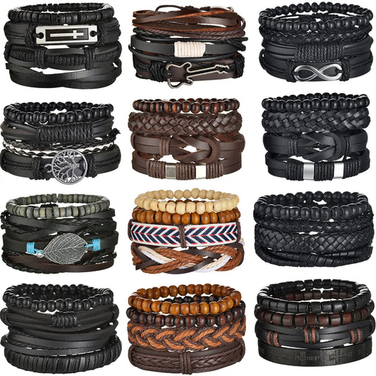 MeMolissa 3/4Pcs/ Set Braided Wrap Leather Bracelet for Men Vintage Life Tree Guitar Wood Beads Fashion Male Bracelets Wristband - Giftcare 