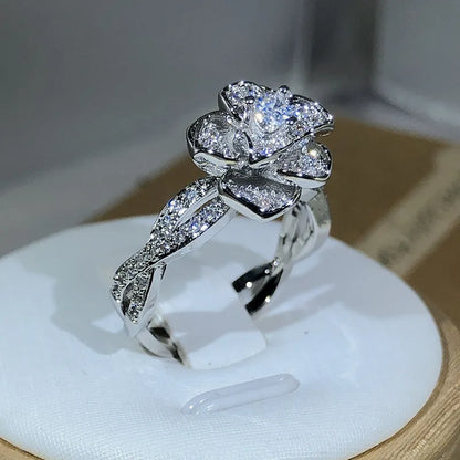 925 Sterling Silver InterTwined Three-Dimensional Rose Ring White Zircon Full Diamond Ring Ladies Temperament Elegant Jewelry.Free shipping