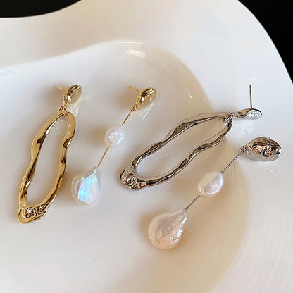 New Elegant Asymmetric Earring Freshwater Pearl Metallic Exaggerated Long Stud Earring
