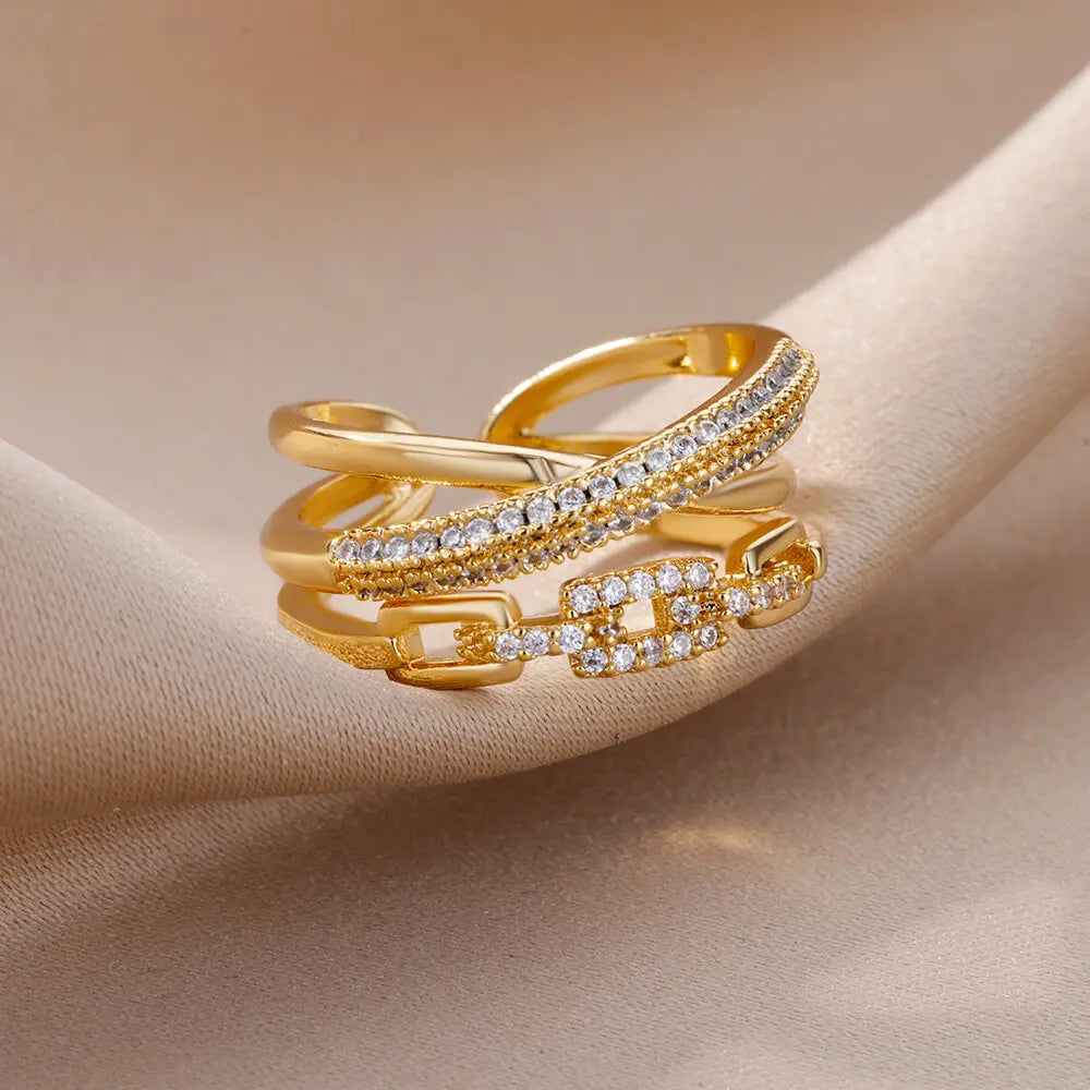 Fashion Gold Color Stainless Steel Rings For Women Chain Hollow Out Crystal Zircon Finger Ring Jewelry 2023 Gift anillos mujer.Free shipping