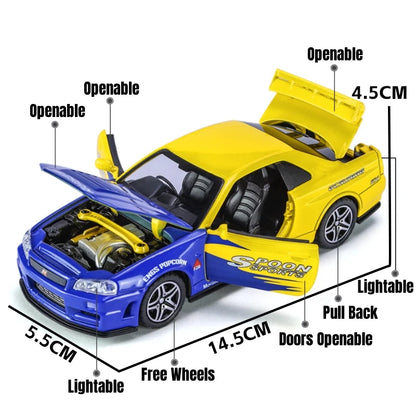 1:32 Nissan Skyline GTR R34 JDM Racing Car Toy Model Diecast Metal GT-R Spoon Sport Miniature Collection Sound Light Pull Back